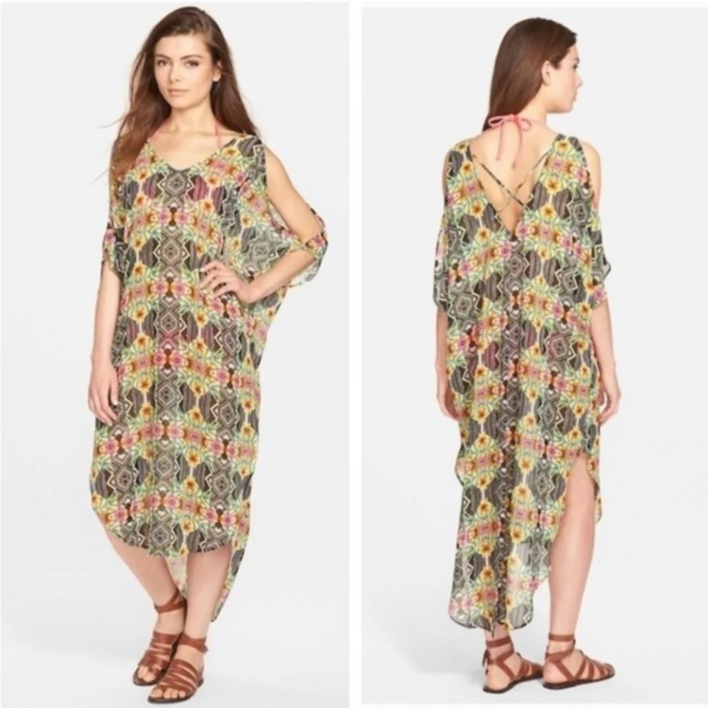 ASTR Sheer Floral-Geometric Cold-Shoulder Swim Coverup Kaftan Dress Tropical